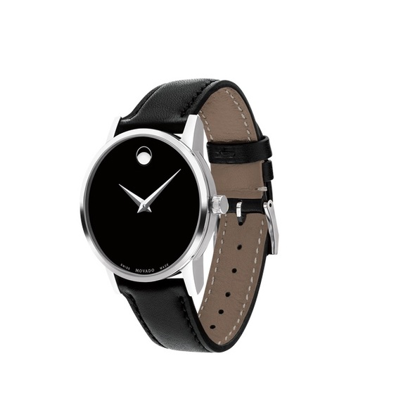 Movado Accessories - Movado Museum collection women’s silver watch with black leather band.